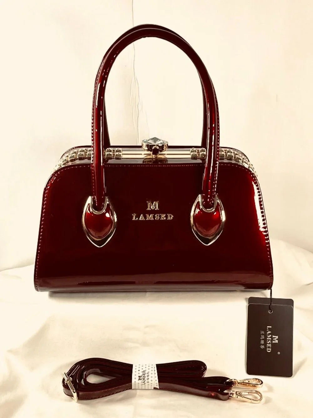 NWT/M-Lamsed Red Patent Gold Chain Bag – Glam Faux Diamond Clasp Purse